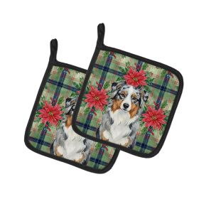 Blue Merle Australian Shepherd Christmas PoinsettIas Pair of Pot Holders Pair 7.5x7.5 Quilted Insulated Hot Pads Decorative Kitchen Gift Made in