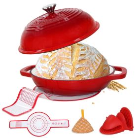 Enameled Cast Iron Dutch Oven with Lid,11" Bread Oven,6 Quart Enamel Bread Pan,Dutch Oven for Sourdough Baking-with Silicone Mat (Color: Red)