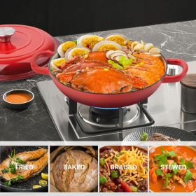 The enamel cast iron soup pot features a circular shower-style lid design and is suitable for various tools, such as ceramic, gas (Color: Red)